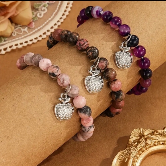 NEW! Natural Stone Beaded Bracelets w/ Rhinestone Apple 🍎 Charm ~ 🎄Teacher 🎁 - Picture 4 of 8